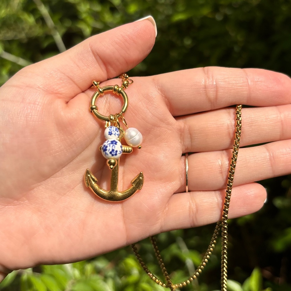 18K Gold Plated Anchor Charm Long Necklace - Picture 6 of 6